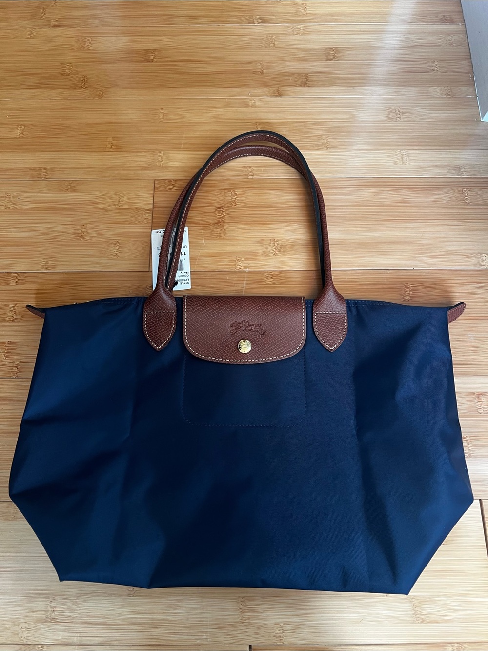 Longchamp Navy Tote with Brown Leather Trim medium
